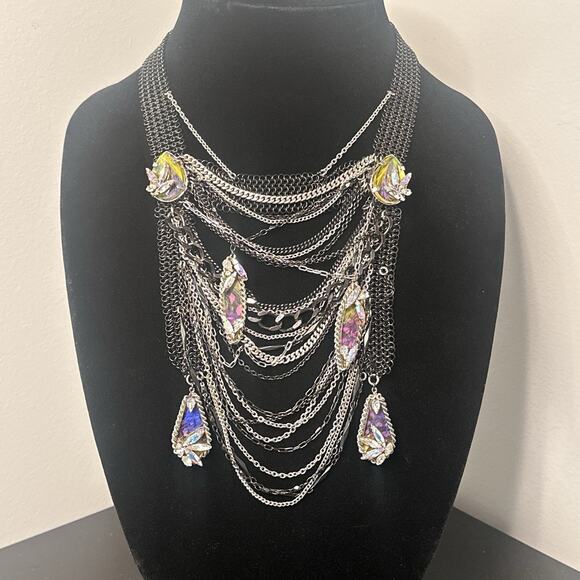 Erickson Beamon Statement Bib Necklace Gunmetal Multi Chain Crystal Waterfall - Picture 11 of 11